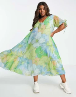 ASOS DESIGN Curve 70's Trapeze Floral Print Maxi Dress In Green -RIVER ISLAND || PULL & BEAR || ONLY Sales Store 202802223 4