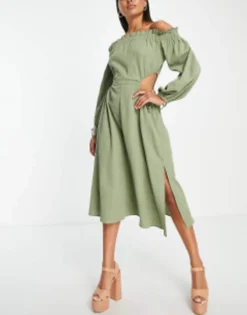 ASOS DESIGN Off Shoulder Cut Out Waist Midaxi Beach Dress In Khaki