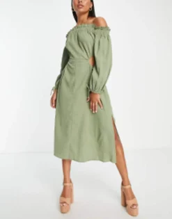 ASOS DESIGN Off Shoulder Cut Out Waist Midaxi Beach Dress In Khaki -RIVER ISLAND || PULL & BEAR || ONLY Sales Store 202812205 3