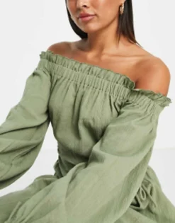 ASOS DESIGN Off Shoulder Cut Out Waist Midaxi Beach Dress In Khaki -RIVER ISLAND || PULL & BEAR || ONLY Sales Store 202812205 4