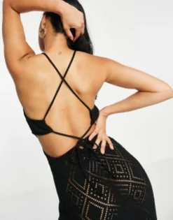 ASOS DESIGN Maxi Dress With Cut Out Back Detail In Beach Open Stitch In Black -RIVER ISLAND || PULL & BEAR || ONLY Sales Store 202813717 3