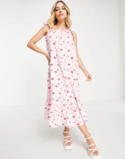 Pieces Tie Shoulder Midi Smock Dress In Pink Strawberry Print -RIVER ISLAND || PULL & BEAR || ONLY Sales Store 202824470 3