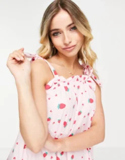 Pieces Tie Shoulder Midi Smock Dress In Pink Strawberry Print -RIVER ISLAND || PULL & BEAR || ONLY Sales Store 202824470 4