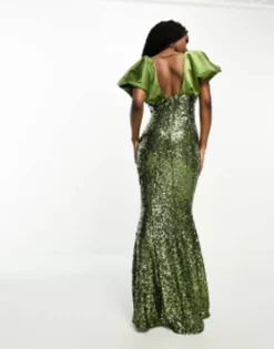 ASOS DESIGN Puff Sleeve Satin Sequin Maxi Dress In Olive -RIVER ISLAND || PULL & BEAR || ONLY Sales Store 202857682 3