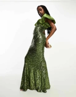 ASOS DESIGN Puff Sleeve Satin Sequin Maxi Dress In Olive -RIVER ISLAND || PULL & BEAR || ONLY Sales Store 202857682 4