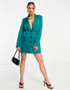 Aria Cove Satin Blazer Dress With Elasticated Waist In Green