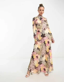 ASOS DESIGN High Neck Maxi Satin Tea Dress In Abstract Blurred Print -RIVER ISLAND || PULL & BEAR || ONLY Sales Store 202893982 1 animalfloralmix
