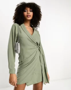 ASOS DESIGN Collared Wrap Mini Dress In Khaki -RIVER ISLAND || PULL & BEAR || ONLY Sales Store 202896109 4