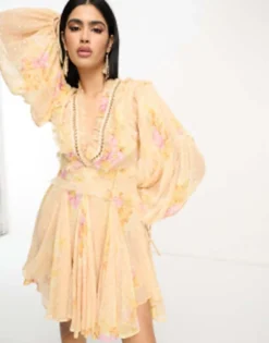 ASOS DESIGN Ruffle Detail Mini Dress With Chain Detail In Floral Metallic Jacquard Print