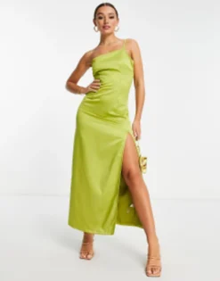 Extro & Vert One Shoulder Maxi Dress With Split In Olive Satin