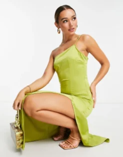 Extro & Vert One Shoulder Maxi Dress With Split In Olive Satin -RIVER ISLAND || PULL & BEAR || ONLY Sales Store 202901136 4