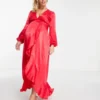 Flounce London Maternity Satin Long Sleeve Wrap Maxi Dress In Red