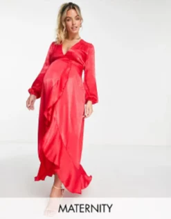 Flounce London Maternity Satin Long Sleeve Wrap Maxi Dress In Red