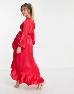 Flounce London Maternity Satin Long Sleeve Wrap Maxi Dress In Red -RIVER ISLAND || PULL & BEAR || ONLY Sales Store 202925524 3