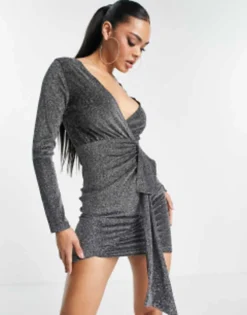 AX Paris Plunge Frill Detail Mini Dress In Black Glitter