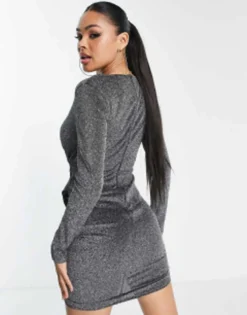 AX Paris Plunge Frill Detail Mini Dress In Black Glitter -RIVER ISLAND || PULL & BEAR || ONLY Sales Store 202926648 3