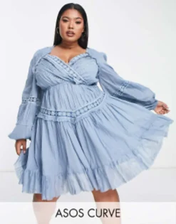ASOS DESIGN Curve Pintuck Lace Mini Dress In Dusty Blue