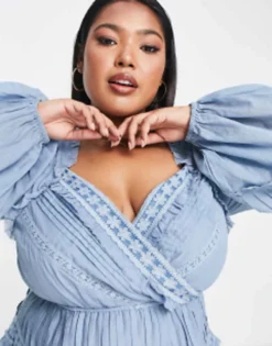 ASOS DESIGN Curve Pintuck Lace Mini Dress In Dusty Blue -RIVER ISLAND || PULL & BEAR || ONLY Sales Store 202935024 3