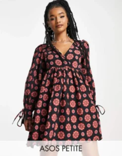 ASOS DESIGN Petite Twill Scallop Babydoll Dress Mini In Retro Floral Print