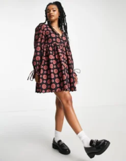 ASOS DESIGN Petite Twill Scallop Babydoll Dress Mini In Retro Floral Print -RIVER ISLAND || PULL & BEAR || ONLY Sales Store 202935054 3
