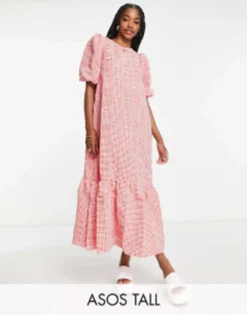 ASOS DESIGN Tall Volume Maxi Smock Dress In Red Mixed Gingham