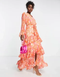 Style Cheat Belted Ruffle Maxi Dress In Pink And Orange