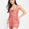 ASOS DESIGN Corsage Ruched Mini Dress In Red Ditsy