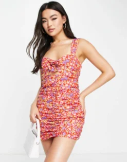 ASOS DESIGN Corsage Ruched Mini Dress In Red Ditsy