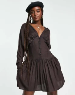 ASOS DESIGN Batwing Button Through Casual Mini Tea Dress In Acid Wash Charcoal