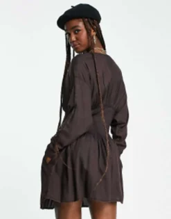 ASOS DESIGN Batwing Button Through Casual Mini Tea Dress In Acid Wash Charcoal -RIVER ISLAND || PULL & BEAR || ONLY Sales Store 202956515 3