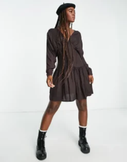 ASOS DESIGN Batwing Button Through Casual Mini Tea Dress In Acid Wash Charcoal -RIVER ISLAND || PULL & BEAR || ONLY Sales Store 202956515 4