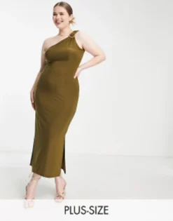 River Island Plus Asymmetric Trim Maxi Dress In Khaki