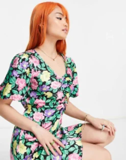 New Look Petite Puff Sleeve Ruched Front Mini Dress In Black Floral -RIVER ISLAND || PULL & BEAR || ONLY Sales Store 203015248 4