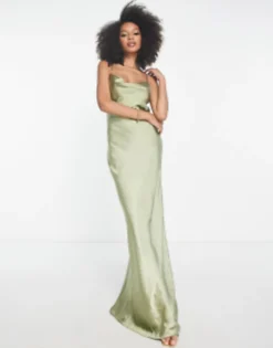 Pretty Lavish Bridesmaid Keisha Cowl Neck Satin Maxi Dress In Soft Olive