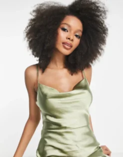 Pretty Lavish Bridesmaid Keisha Cowl Neck Satin Maxi Dress In Soft Olive -RIVER ISLAND || PULL & BEAR || ONLY Sales Store 203015535 3