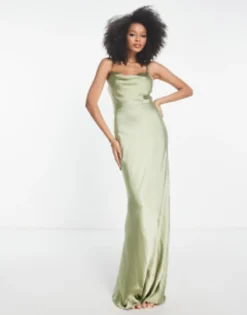 Pretty Lavish Bridesmaid Keisha Cowl Neck Satin Maxi Dress In Soft Olive -RIVER ISLAND || PULL & BEAR || ONLY Sales Store 203015535 4