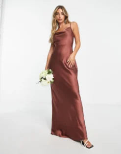 Pretty Lavish Bridesmaid Keisha Cowl Neck Satin Maxi Dress In Soft Olive -RIVER ISLAND || PULL & BEAR || ONLY Sales Store 203015591 1 chestnutbrown