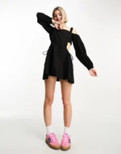 COLLUSION Cotton Cut Out Side Mini Dress In Black