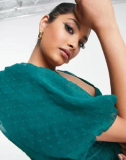 ASOS DESIGN Puff Sleeve Pleated Dobby Midi Dress With Scallop Trim In Forest Green -RIVER ISLAND || PULL & BEAR || ONLY Sales Store 203025707 4