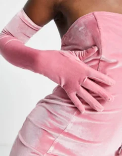 The Frolic Velvet Bandeau Mini Dress With Gloves In Pink Velvet -RIVER ISLAND || PULL & BEAR || ONLY Sales Store 203047903 3