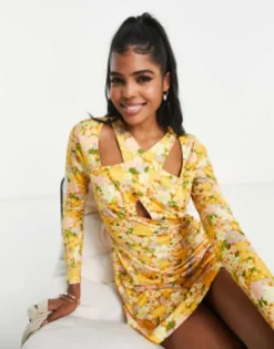The Frolic Cross-over Detail Mesh Mini Dress In Yellow Floral