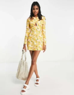 The Frolic Cross-over Detail Mesh Mini Dress In Yellow Floral -RIVER ISLAND || PULL & BEAR || ONLY Sales Store 203047946 3