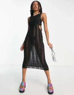 COLLUSION Knit Cut Out Vest Midi Dress In Black