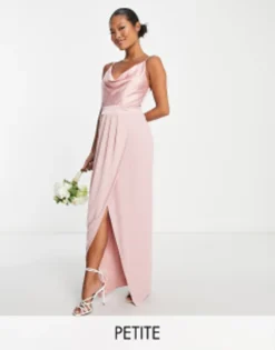 TFNC Petite Bridesmaid Cowl Neck Button Back Bridesmaid Dress In Muted Blush