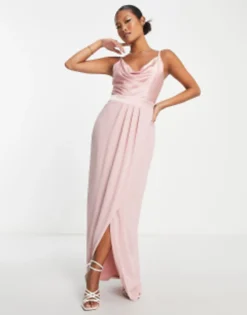 TFNC Petite Bridesmaid Cowl Neck Button Back Bridesmaid Dress In Muted Blush -RIVER ISLAND || PULL & BEAR || ONLY Sales Store 203080380 3