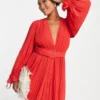 ASOS DESIGN Petite Pleated Blouson Sleeve Mini Dress With Belt Detail In Red