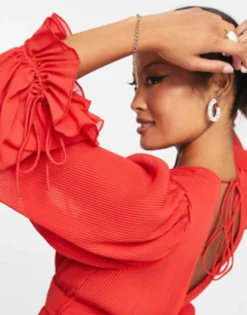 ASOS DESIGN Petite Pleated Blouson Sleeve Mini Dress With Belt Detail In Red -RIVER ISLAND || PULL & BEAR || ONLY Sales Store 203097792 4