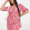 ASOS DESIGN Curve Tie Front Button Through Mini Dress In Red Scarf Print