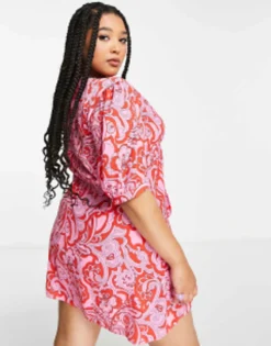 ASOS DESIGN Curve Tie Front Button Through Mini Dress In Red Scarf Print -RIVER ISLAND || PULL & BEAR || ONLY Sales Store 203115228 3