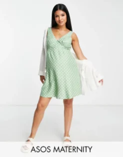 ASOS Maternity ASOS DESIGN Maternity Linen V Neck Mini Slip Dress In Sage Spot